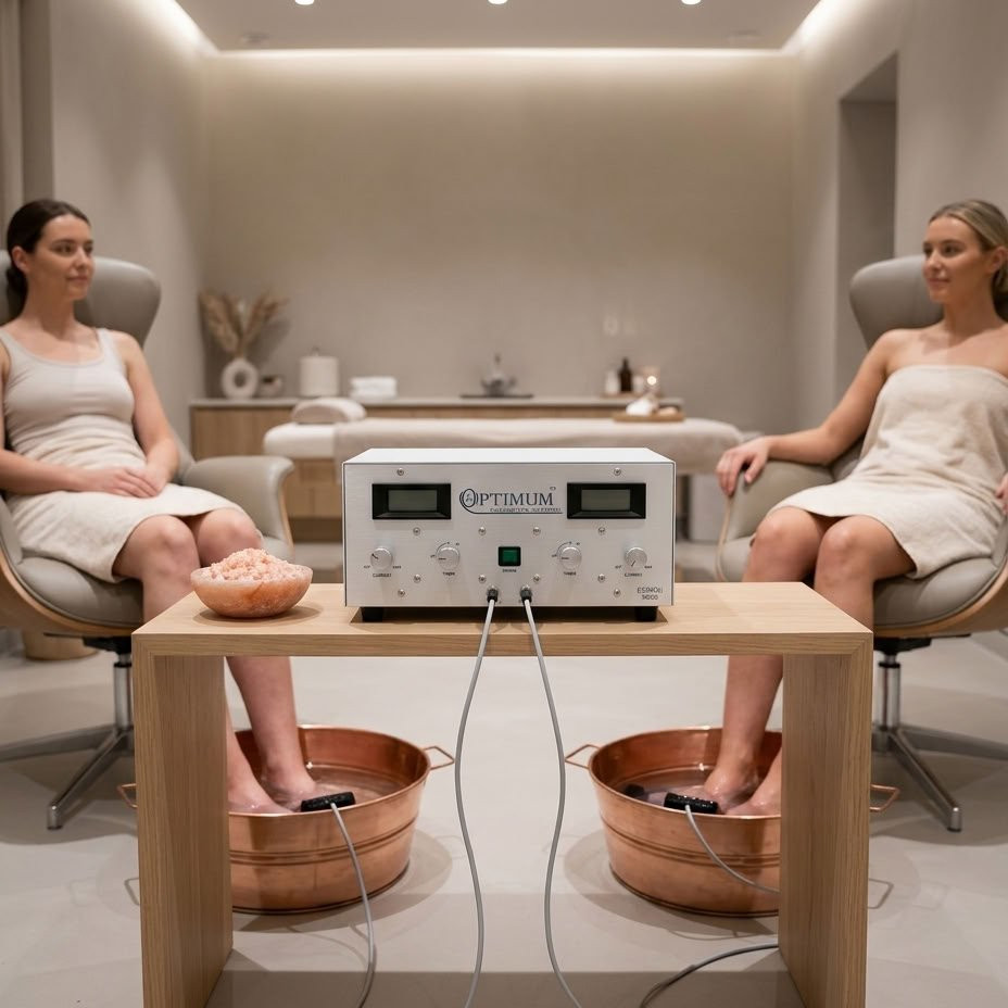 OPTIMUM 9800 footbath unit on a spa table with two copper footbath tubs. View footbath units.