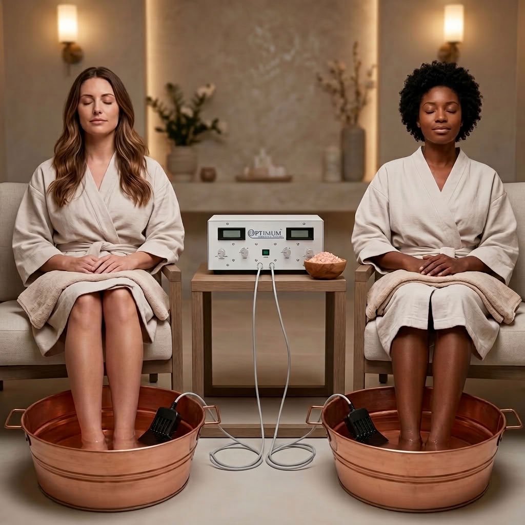 Two women using an OPTIMUM 9800 footbath unit with copper tubs. View footbath units.