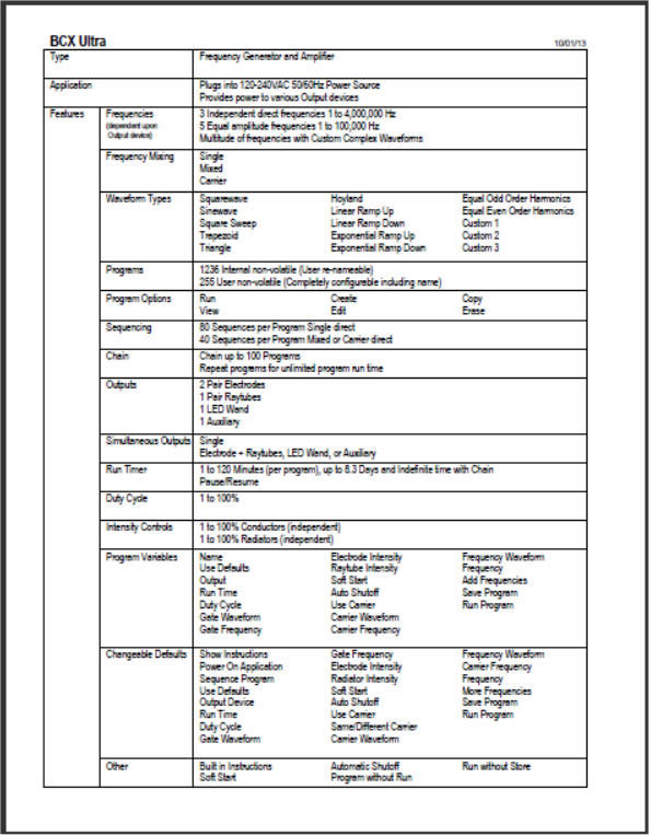 Bcx Ultra PEMF Product specs