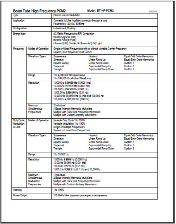 beam tube high powered technical specs