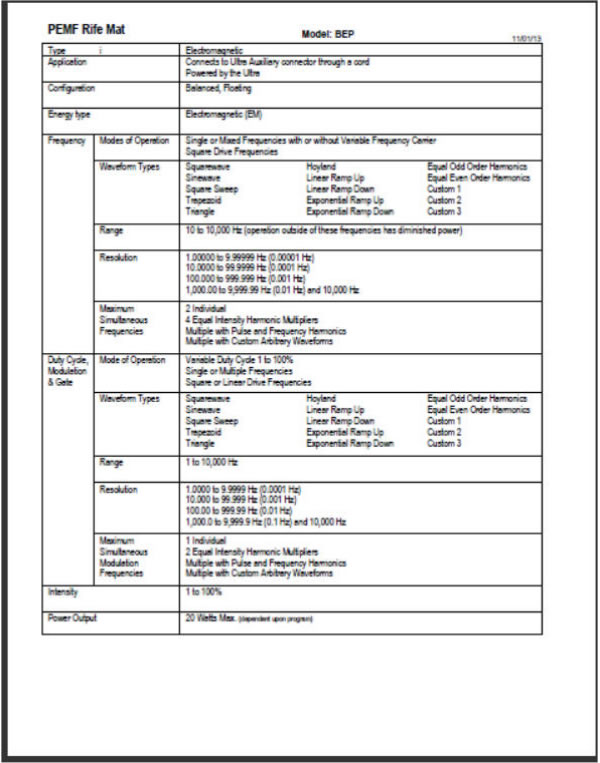 pemf rife mat technical specs